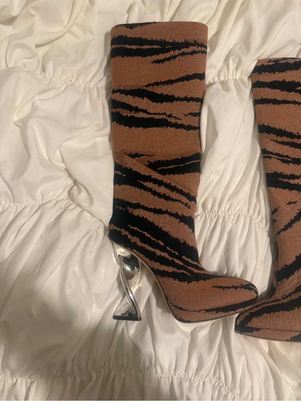 Brandon Maxwell Jacquard Brown and Black Tiger-Stripe Over-the-Knee Boots
